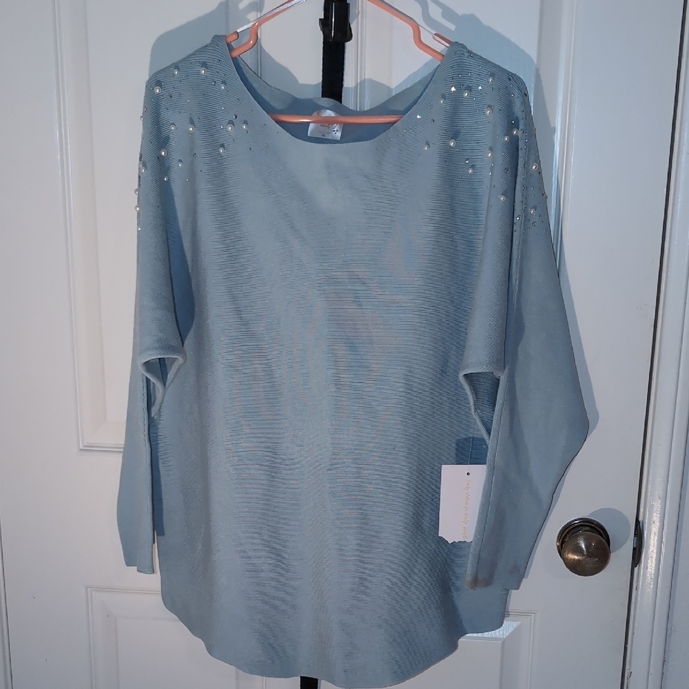Elegant Blue Women's Top with Pearl Accents